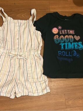 Old Navy linen look Striped Romper & Dark Green Graphic Tee Set